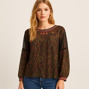 ZARA Basic Boho Floral Embroidered Sheer Blouse Black Olive Red XL – Boho Luxe